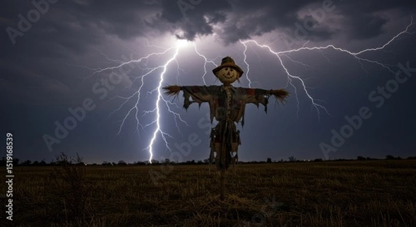 Obraz Scarecrow in a Field During a Dramatic Lightning Storm