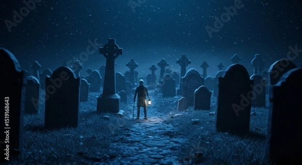 Obraz Silhouette of Man with Lantern in a Dark Night Cemetery