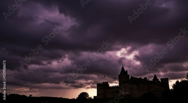 Obraz Silhouette of a Medieval Castle Under a Dramatic Stormy Sky