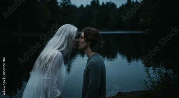 Obraz Young Couple Sharing Intimate Moment by Dark Lake at Dusk