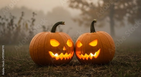 Obraz Two Glowing Jack-o'-Lanterns in a Foggy Field