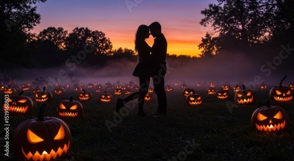Obraz Silhouette Couple Kissing Amidst Glowing Jack-o'-lanterns at Sunset