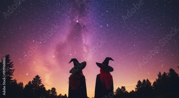 Obraz Two Witches Silhouetted Against a Starry Night Sky
