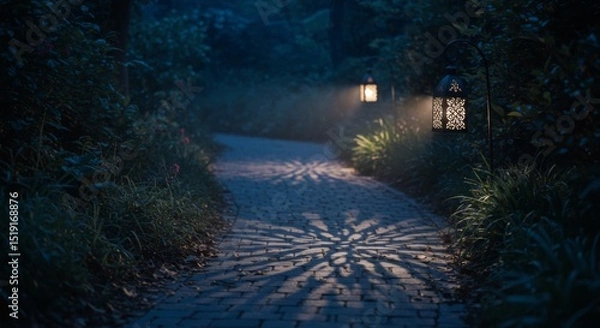 Obraz Night Garden Path Illuminated by Lanterns