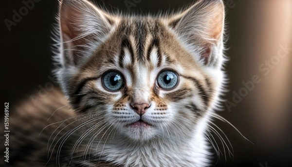 Fototapeta Endearing Tabby Kitten with Expressive Eyes A Charming CloseUp Portrait, Showcasing Soft Fur Textures and WideEyed Curiosity, Perfect for Digital Art, Home Decor, or Design Inspiration.