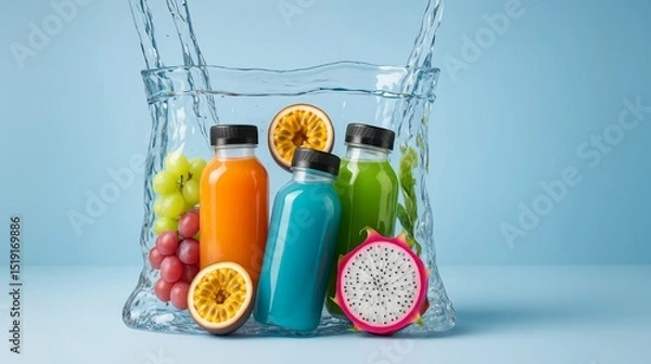 Obraz Colorful fruit juices in bottle with fresh fruits in ice bucket on blue background