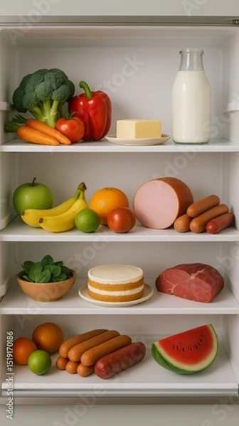 Obraz Bright and colorful assortment of fresh foods and beverages in a well-organized refrigerator showing healthy choices and tasty snacks