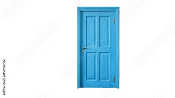 Fototapeta Classic light blue wooden door with metal handle and transparent background, ideal for concepts related to new opportunities, choices and beginnings