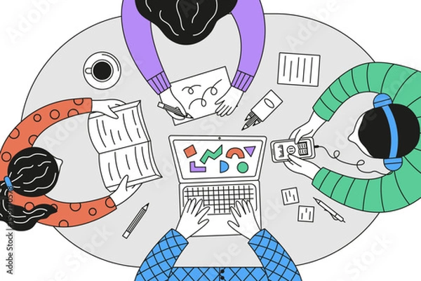 Obraz  Top view vector illustration of people studying at one table using different methods: laptop, book, smartphone, and paper. Combines online and offline education in a modern setting.