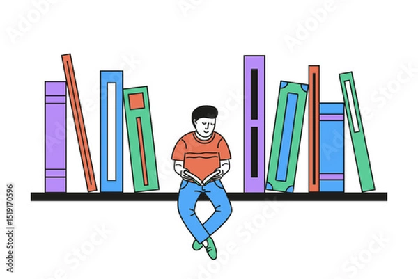 Obraz Vector illustration of a boy sitting on a bookshelf and reading a book. Cozy scene symbolizing love for reading, knowledge, and imagination.