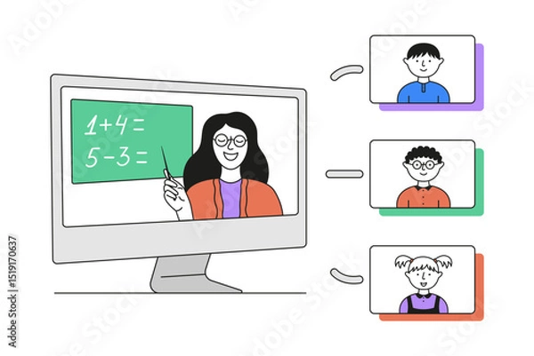 Obraz Vector illustration of an online lesson with a teacher on a computer screen pointing at a school board with examples. Students are watching and learning remotely in a virtual classroom.