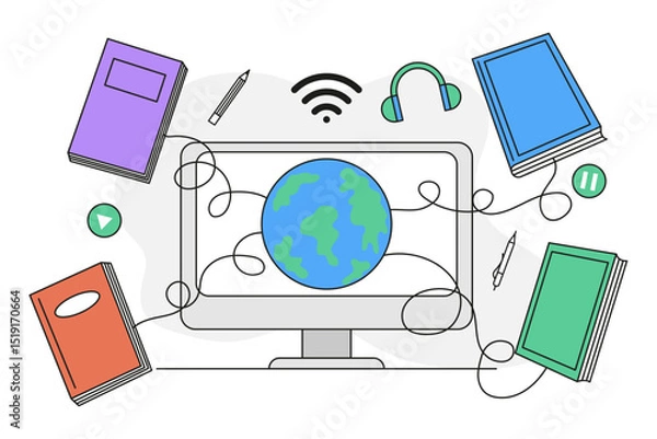 Obraz Flat vector illustration of online education. Computer with globe on screen surrounded by books. Symbol of connection between traditional and digital learning.