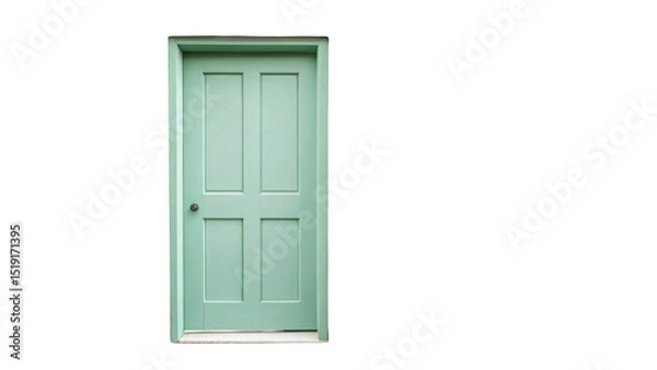 Fototapeta Closed light green front door featuring a sleek frame and doorknob set against a transparent background, representing themes of home, security, and privacy in architectural design