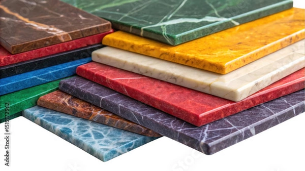 Fototapeta Polished marble tiles in various colors and textures are overlapping, creating a vibrant and luxurious display against a transparent background, perfect for interior design or architecture projects