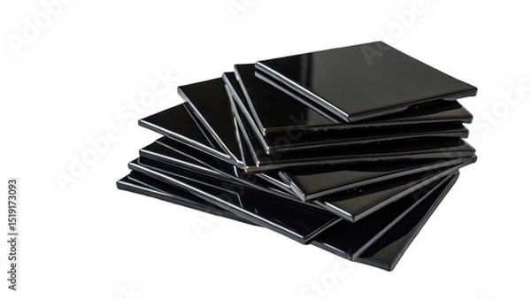 Fototapeta Glossy black ceramic tiles neatly stacked, showcasing a modern and sleek design. Perfect for interior design projects, these tiles offer a sophisticated and stylish finish