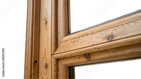 Fototapeta Close up view of a corner of wooden window frame highlighting natural wood grain, knots, and texture, set against a transparent background, ideal for architectural or design projects