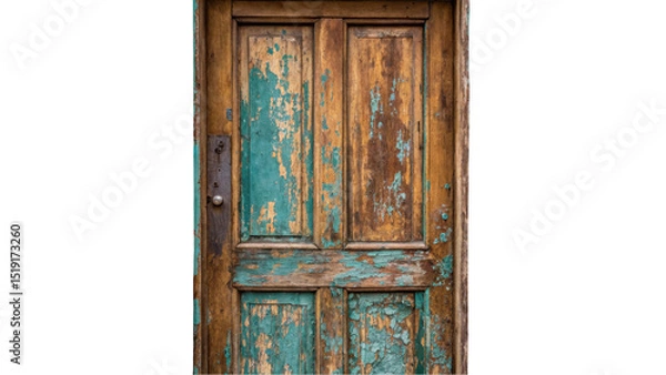 Fototapeta Close up of an old, weathered wooden door with peeling turquoise paint, highlighting its vintage charm and signs of decay on a transparent background
