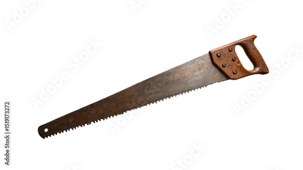 Fototapeta Rusty vintage handsaw featuring a wooden handle, isolated against a transparent background, ideal for enhancing diy, carpentry, and woodworking projects with a touch of nostalgia