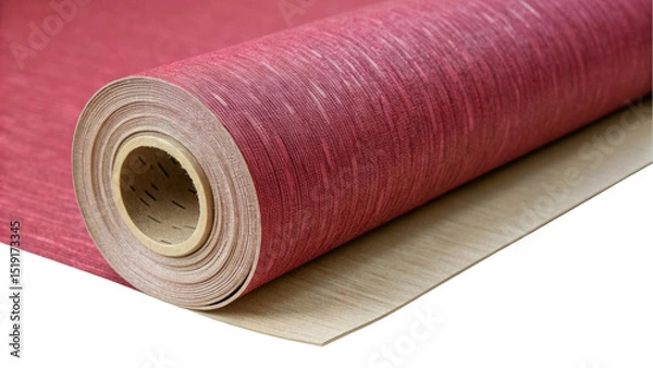 Fototapeta Red wallpaper roll unrolling, revealing its textured surface and the wooden surface beneath, against a transparent background, perfect for home decor projects