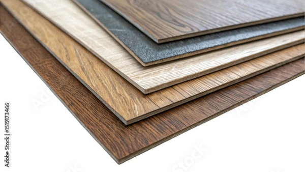 Fototapeta Wood effect flooring samples are stacked. Showcasing a range of colors and textures. Ideal for interior design projects. With transparent background for easy integration into presentations or mockups