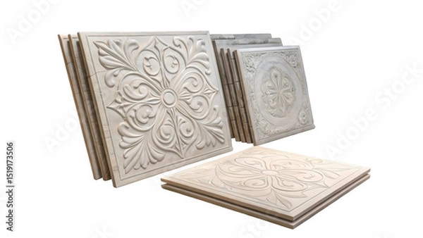 Fototapeta Elegant decorative wall panels featuring intricate floral patterns and ornate designs, displayed on a transparent background, ideal for interior design and architectural projects