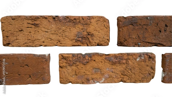 Fototapeta Five old red bricks are forming a small section of a wall, isolated on transparent background, perfect for easy integration into photo editing projects