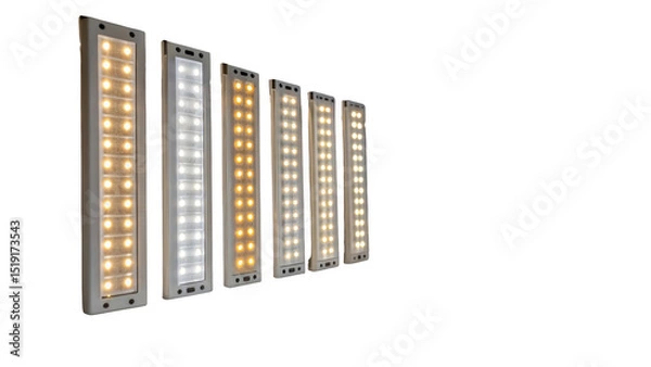 Fototapeta Led light panels in various color temperatures arranged in a row. The lights range from warm to cool tones, set against a transparent background, highlighting their design and functionality