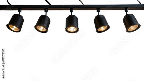 Fototapeta Five sleek black spotlights illuminate against a transparent background, showcasing modern track lighting design. Ideal for interior design concepts and lighting solutions