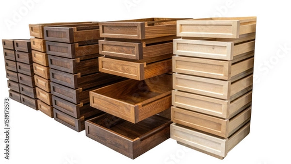 Fototapeta Multiple wooden drawers are stacked in a neat arrangement, showcasing different wood tones and textures. The transparent background highlights the variety and craftsmanship of each piece