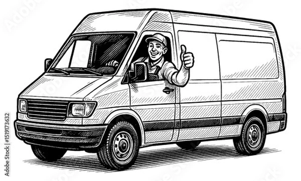 Fototapeta Man Giving Thumbs Up While Driving a Delivery Van with Happy Expression in Detailed Line Art