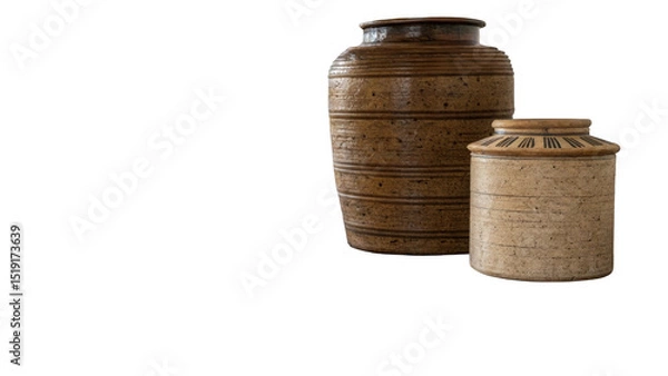 Fototapeta Two vintage ceramic vases. Showcasing a rustic aesthetic with textured surfaces and striped patterns. Are isolated against a transparent background. Ready for integration into diverse design projects