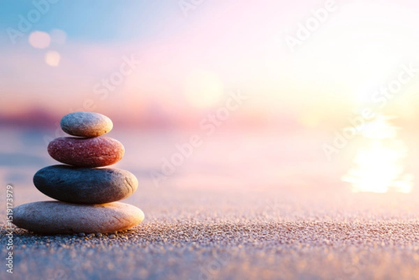 Fototapeta A serene stack of pebbles on the beach, symbolizing balance and tranquility at sunset, perfect for mindfulness and relaxation.