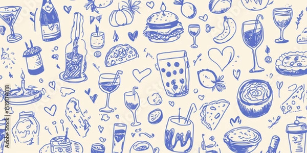 Fototapeta Contemporary Minimalist Line Art Food and Drink Seamless Pattern