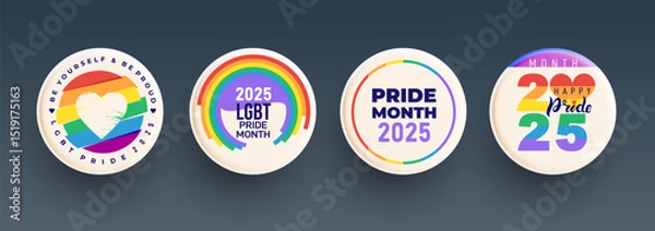 Fototapeta Set of Badges lgbt pride 2025 logo. Badge logo with lgbt rainbow flag heart. 2025 creative vector element for pride month logo. LGBT Design square banner, poster, social media, post.
