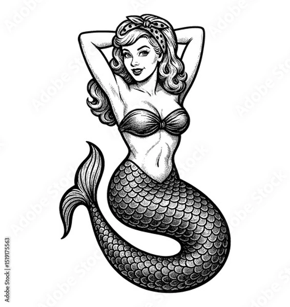 Fototapeta Attractive Smiling Pinup Woman Mermaid in Bikini Top and Headband with Black and White Vector Style