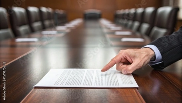 Fototapeta A business executive points at a document on a conference table, highlighting important information in a professional setting.