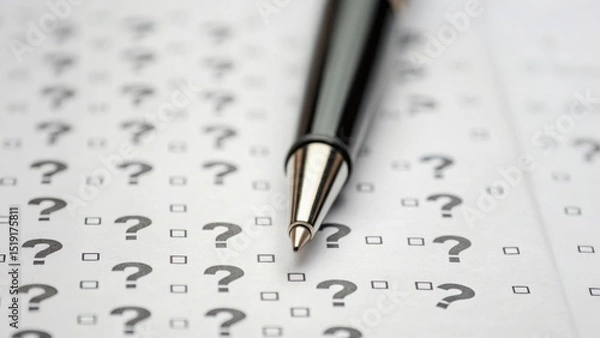 Fototapeta A close-up of a pen resting on a sheet filled with question marks and checkboxes, symbolizing inquiry and decision-making.