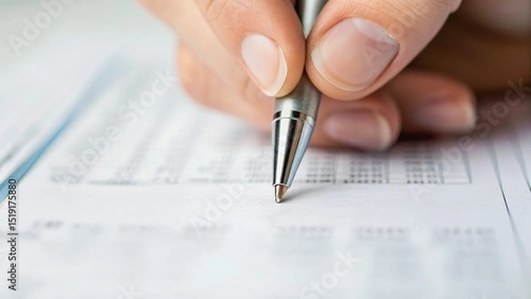 Fototapeta A close-up of a hand holding a pen, poised over a document filled with numbers and data.