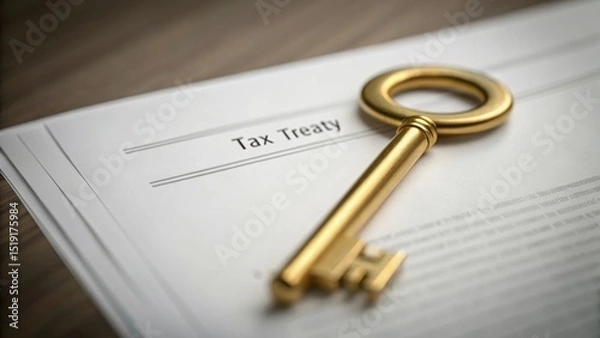 Fototapeta A golden key rests on top of tax paperwork, symbolizing access to financial solutions and responsibilities.