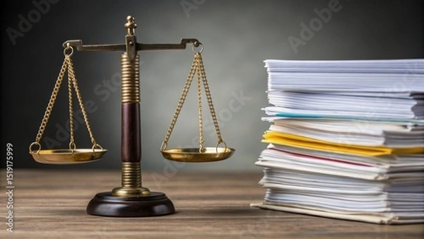 Fototapeta A scale balances on a table next to a stack of documents, symbolizing justice and law.