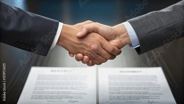 Fototapeta Two hands shake firmly above documents, symbolizing agreement and partnership in a professional setting.