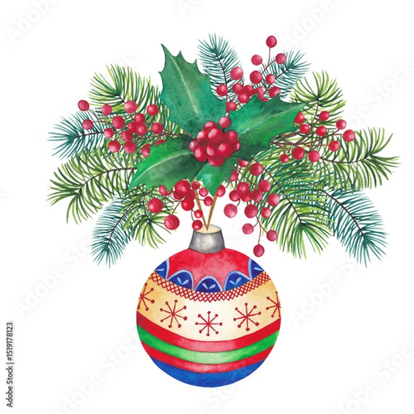 Fototapeta Watercolor New Year illustration. New Year ball, fir tree branches, red berries.
