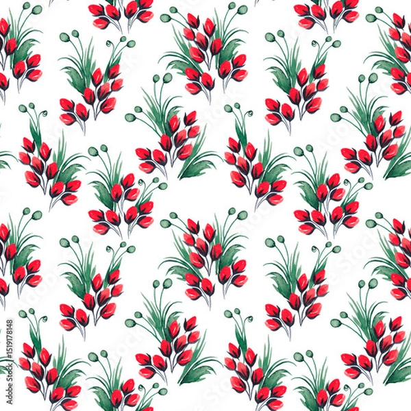 Fototapeta Seamless pattern of leaves and red berries. Watercolor illustration.