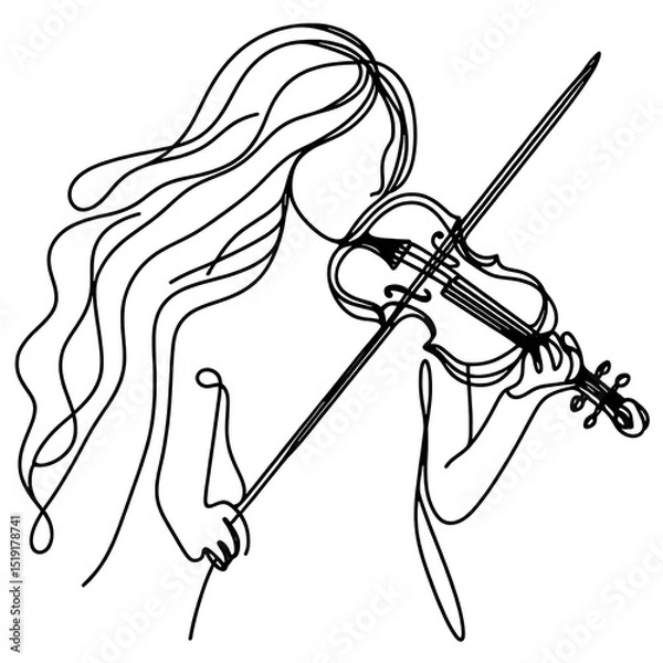Fototapeta vector illustration of a girl and violin , simple continuous one line drawing . Transparent background png file