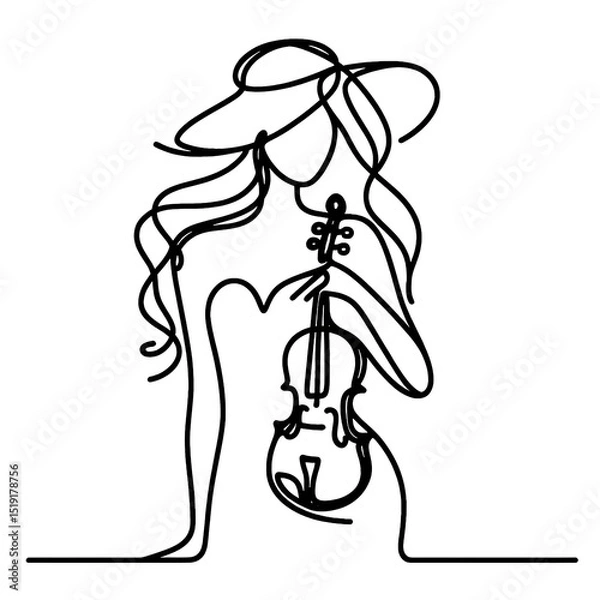 Fototapeta vector illustration of a girl and violin , simple continuous one line drawing . Transparent background png file