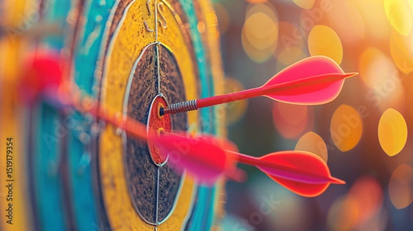 Fototapeta Close up on a vibrant archery target, highlighting two arrows striking the bullseye. The image symbolizes achieving goals and precision in a creative or business context.