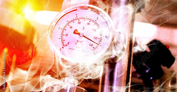 Fototapeta Pressure gauge displaying high readings in a manufacturing facility with smoke and steam present