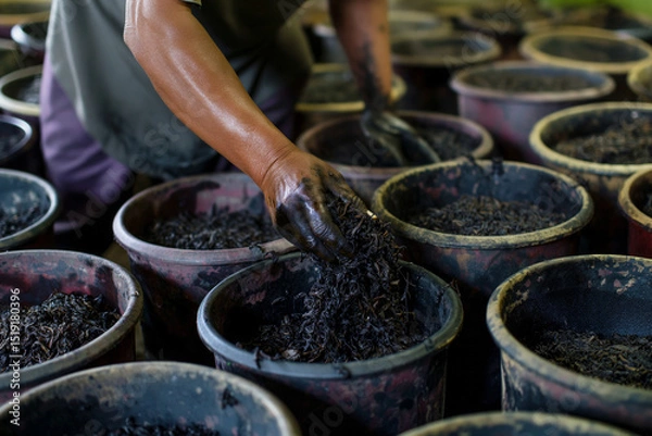 Obraz Hand harvesting black tea leaves in large buckets at a local tea processing facility in the afternoon light. Generative AI