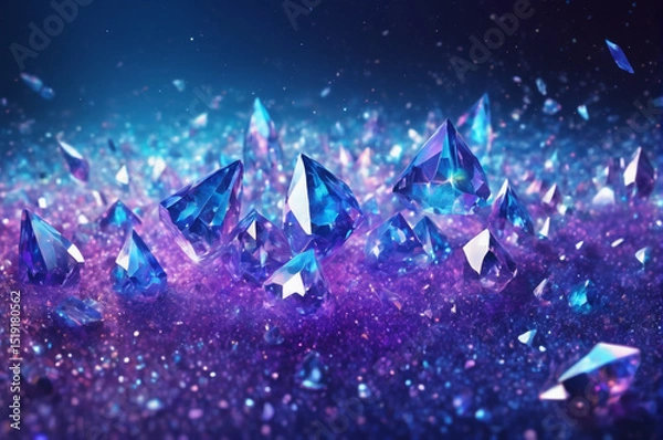Obraz Sparkling Blue Crystals on Glittering Surface. Generative AI.