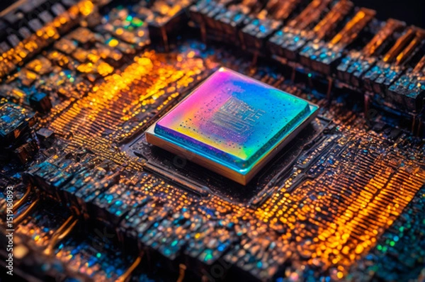 Obraz Close-Up of Colorful Microchip on Circuit Board. Generative AI.